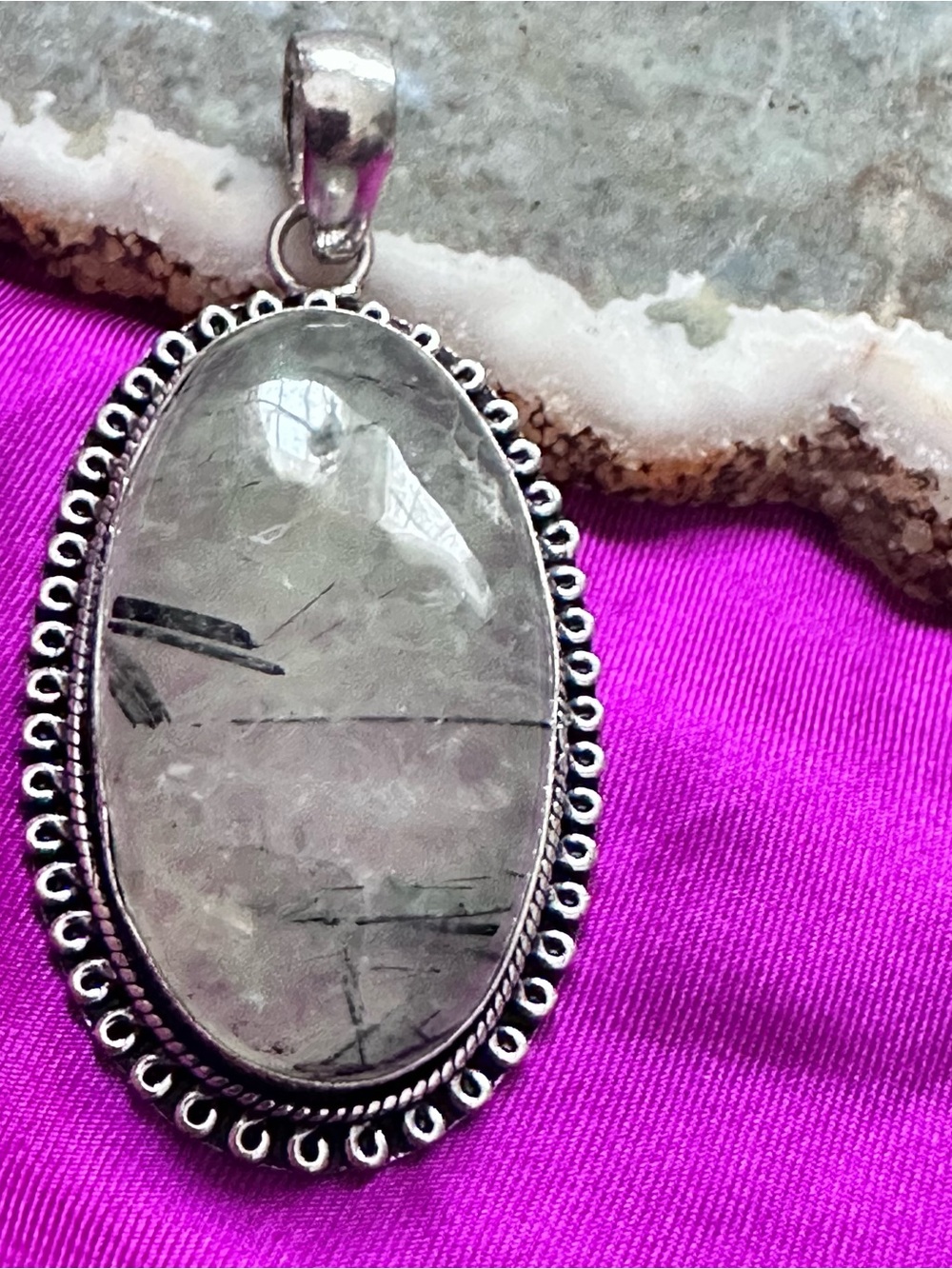 Artisan Handcrafted Silver PREHNITE Pendant with Green Rutile Quartz